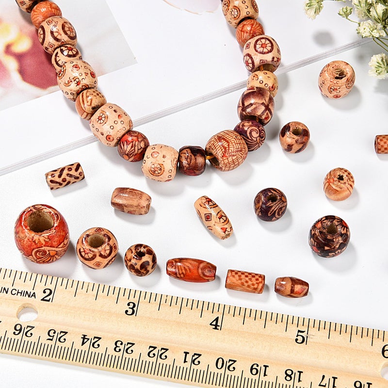 Bememo 400 Pieces Printed Wooden Beads Various Shapes Loose Wood Beads for Jewelry Making DIY Bracelet Necklace Hair Crafts - Image 5